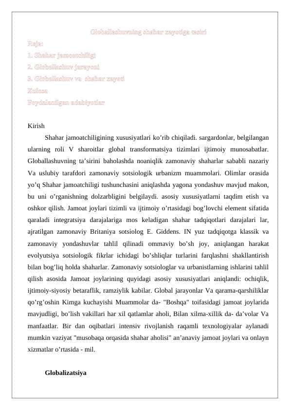 Globallashuvning shahar xayotiga tasiri