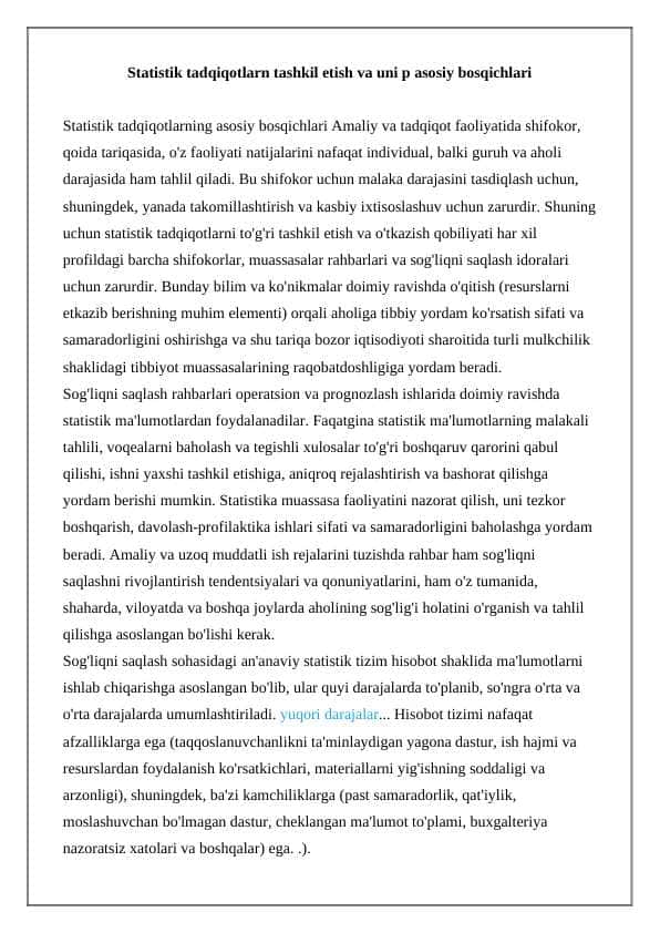 Statistik tadqiqotlarn tashkil etish va uni p asosiy bosqichlari