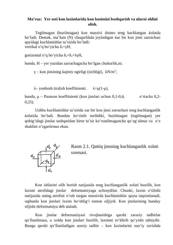 Yer osti kon laximlarida kon bosimini boshqarish va ularni oldini olish