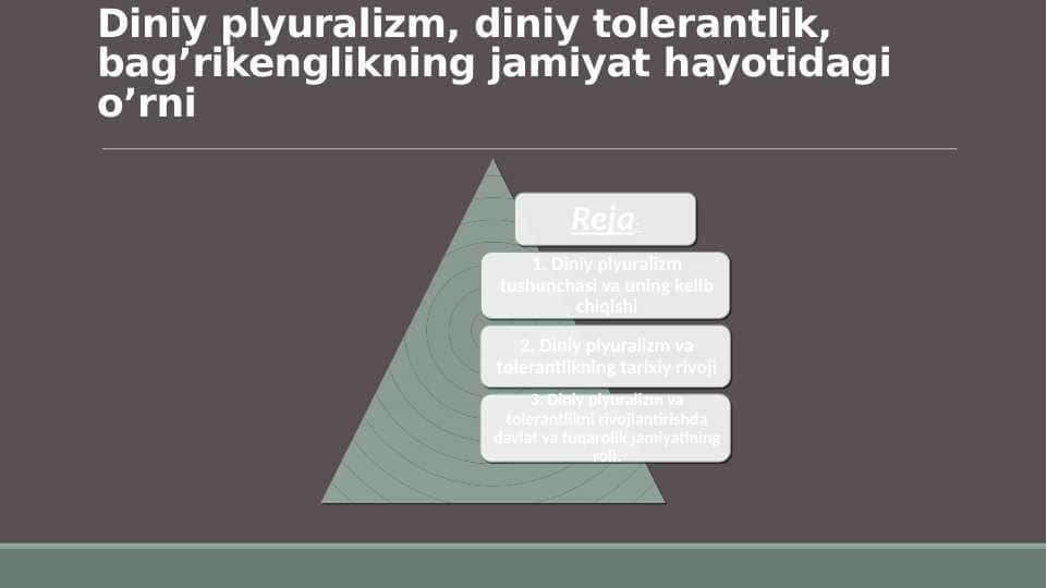 Diniy plyuralizm, diniy tolerantlik, bag’rikenglikning jamiyat hayotidagi o’rni