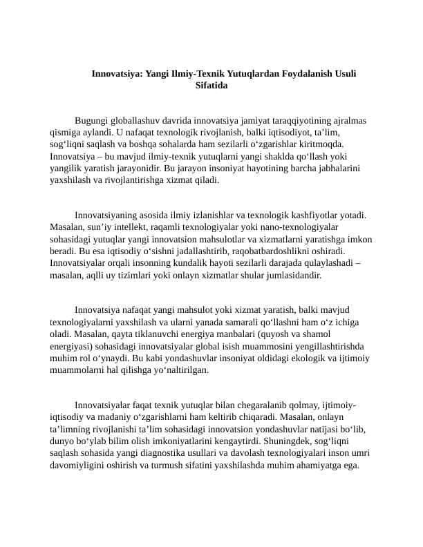 Innovatsiya. Yangi Ilmiy-Texnik Yutuqlardan Foydalanish Usuli Sifatida 3 ESSE