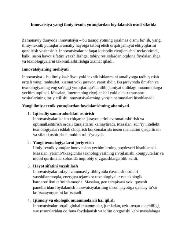 Innovatsiya. Yangi Ilmiy-Texnik Yutuqlardan Foydalanish Usuli Sifatida 6 ESSE