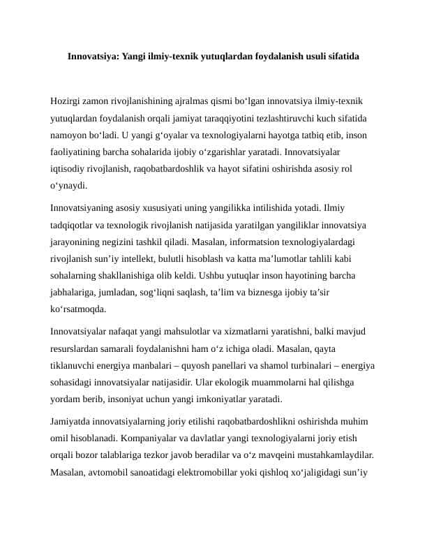 Innovatsiya. Yangi Ilmiy-Texnik Yutuqlardan Foydalanish Usuli Sifatida 7 ESSE