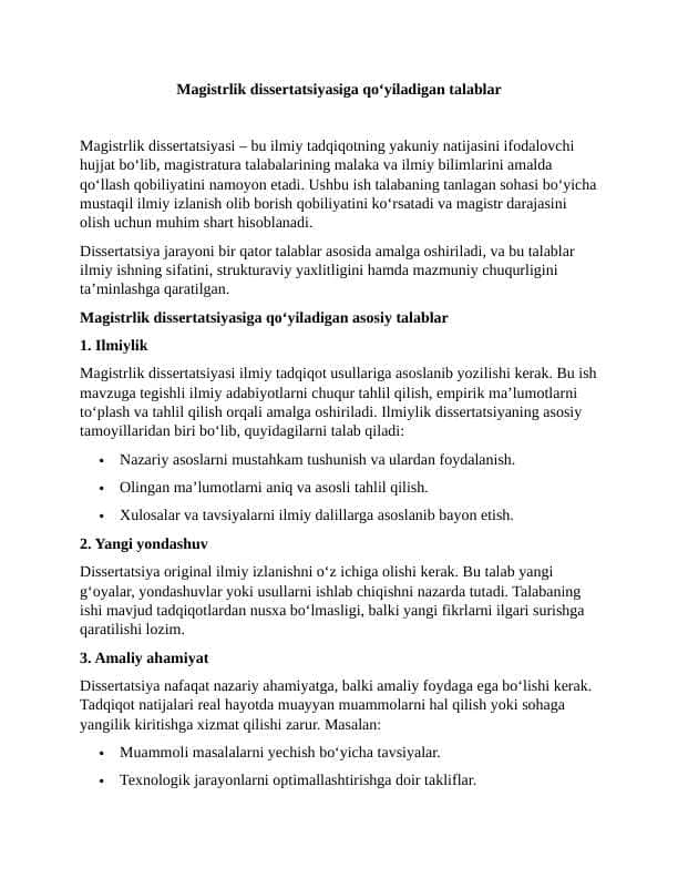 Magistrlik dissertatsiyasiga qo‘yiladigan talablar ESSE