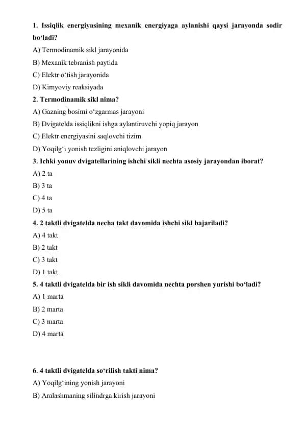 Termodinamik sikllar test savollari