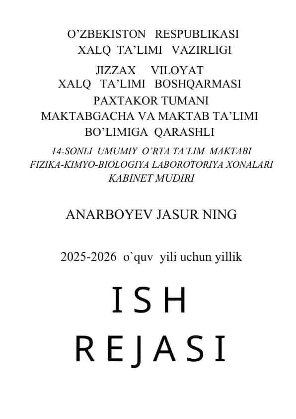 Kimyo Kabineti Mudirining Oylik Ish Rejasi