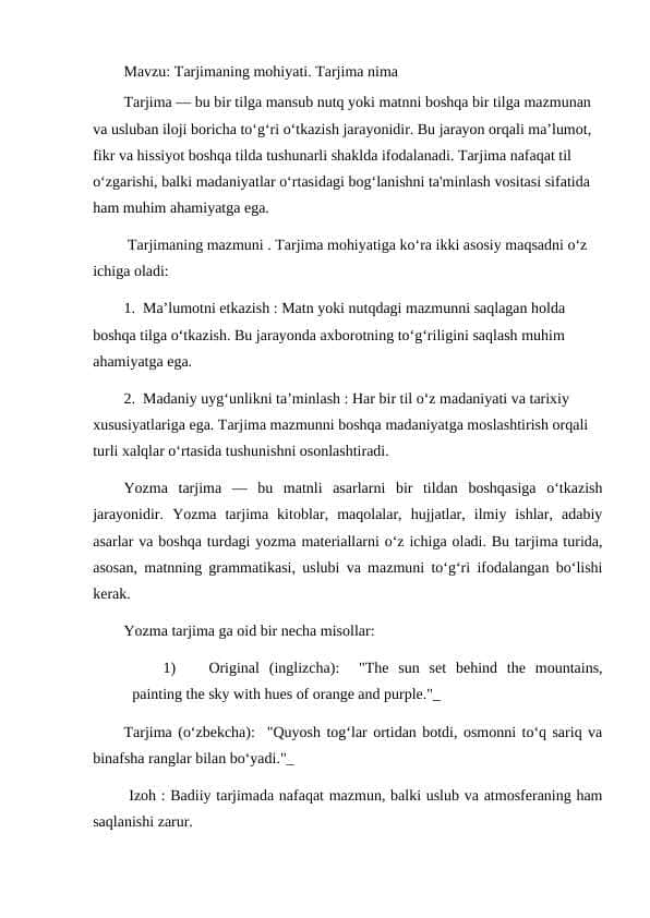 1. Tarjimaning mohiyati. Tarjima nima