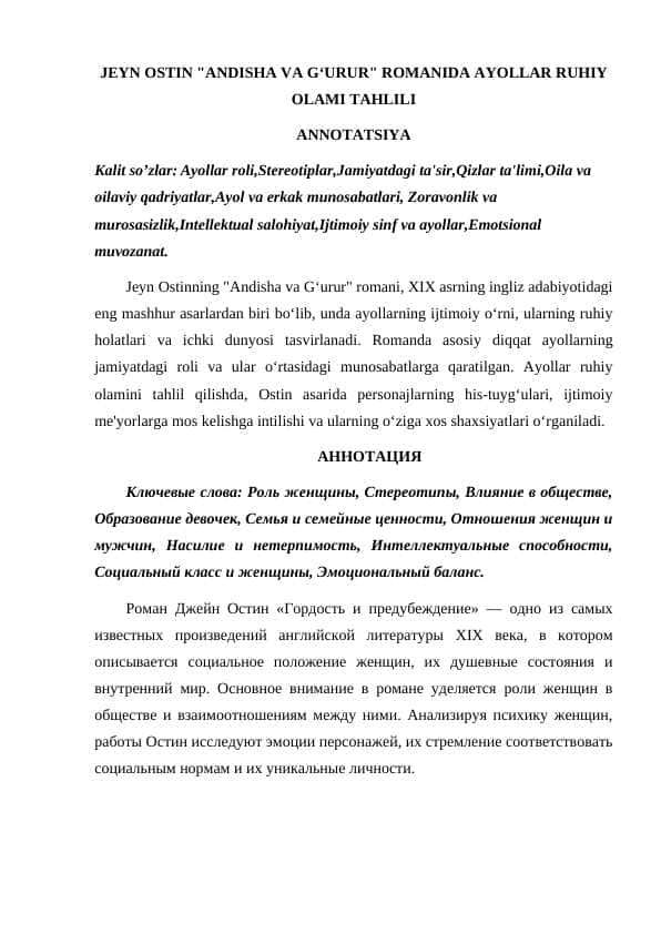 JEYN OSTIN "ANDISHA VA G‘URUR" ROMANIDA AYOLLAR RUHIY OLAMI TAHLILI