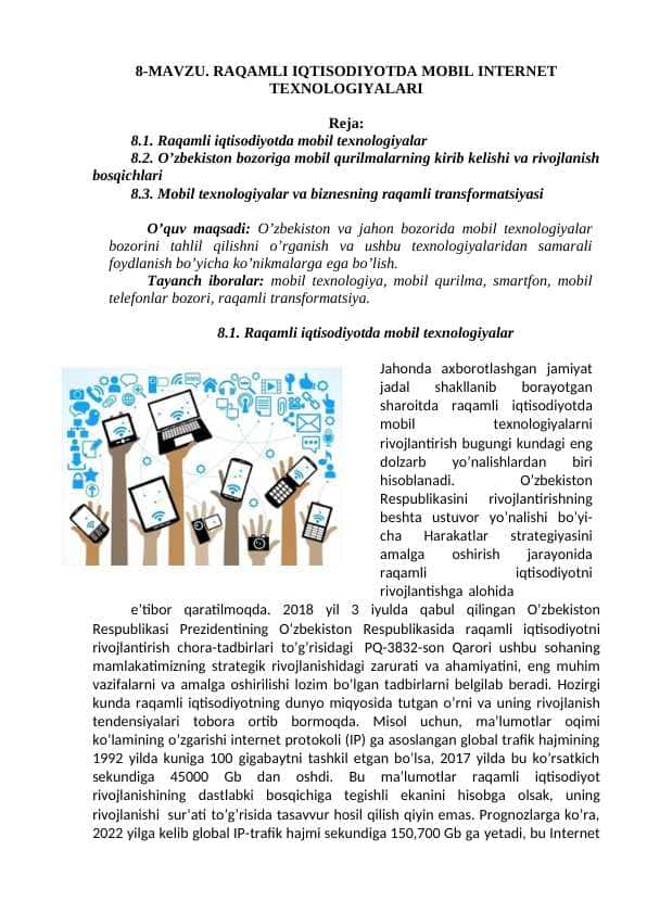 RAQAMLI IQTISODIYOTDA MOBIL INTERNET TEXNOLOGIYALARI
