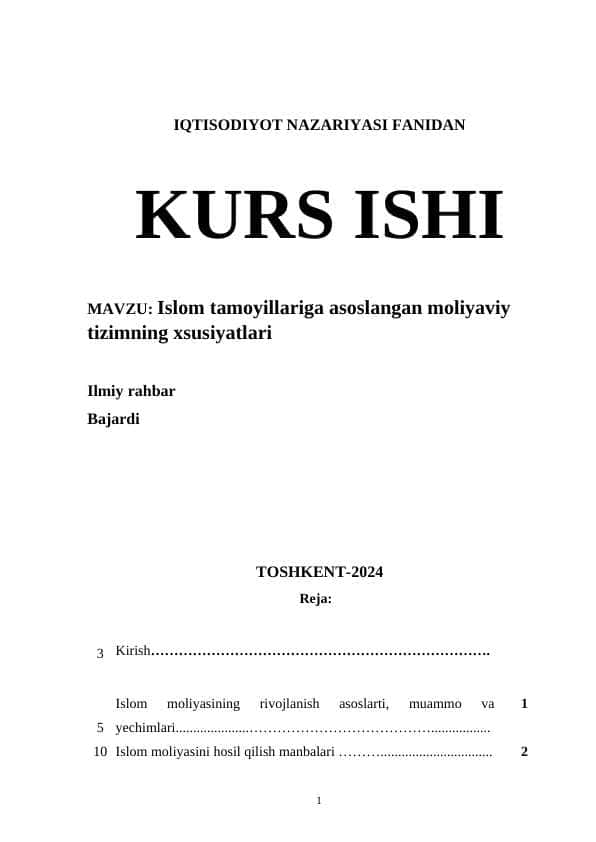 Islom tamoyillariga asoslangan moliyaviy tizimning xsusiyatlari