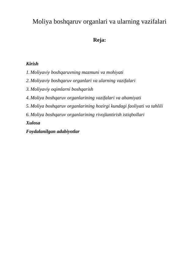 Moliya boshqaruv organlari va ularning vazifalar