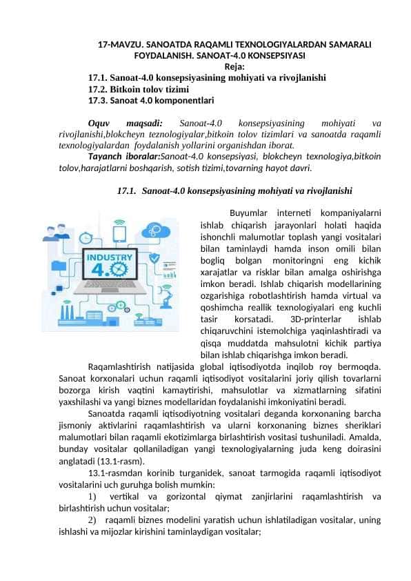SANOATDA RAQAMLI TEXNOLOGIYALARDAN SAMARALI FOYDALANISH. SANOAT-4.0 KONSEPSIYASI