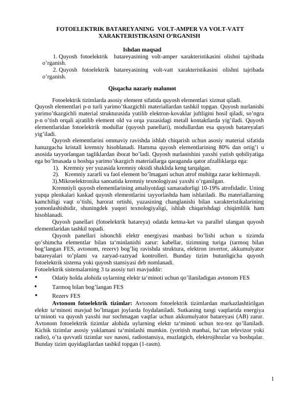 FOTOELEKTRIK BATAREYANING VOLT-AMPER VA VOLT-VATT XARAKTERISTIKASINI O‘RGANISH