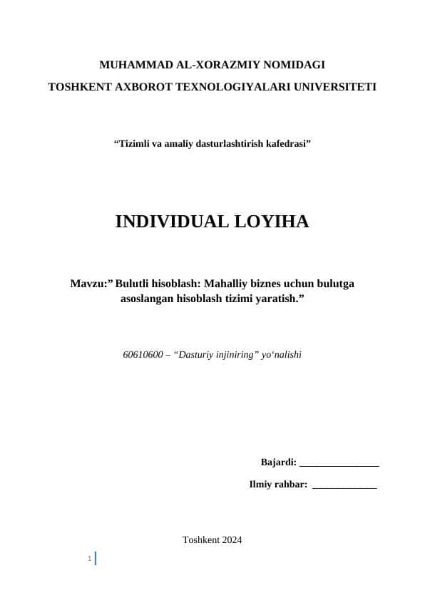 Mahalliy biznes uchun bulutga asoslangan hisoblash tizimi yaratish.