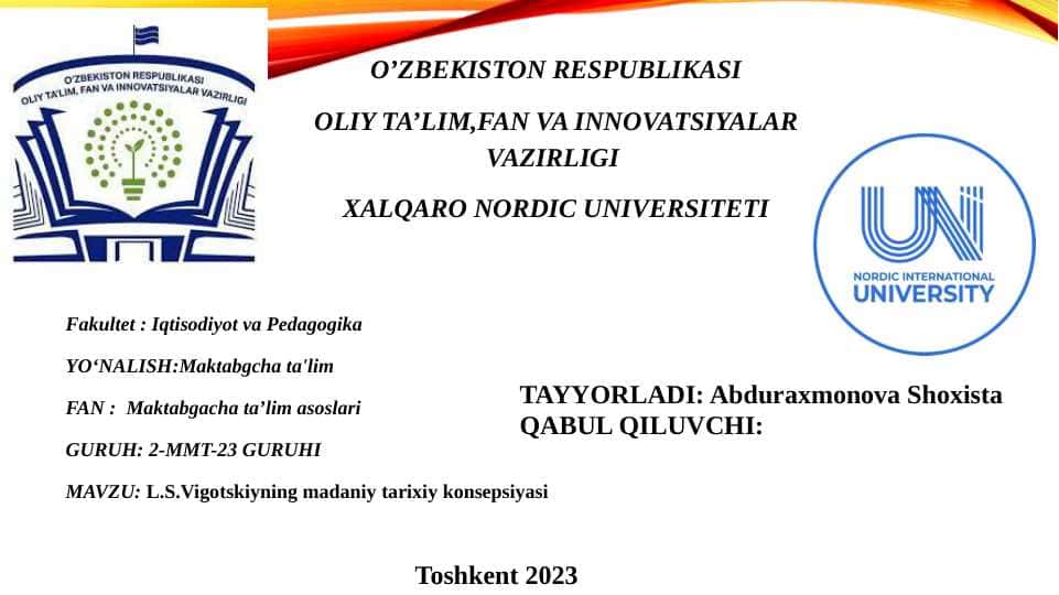 L.S.Vigotskiyning madaniy tarixiy konsepsiyasi