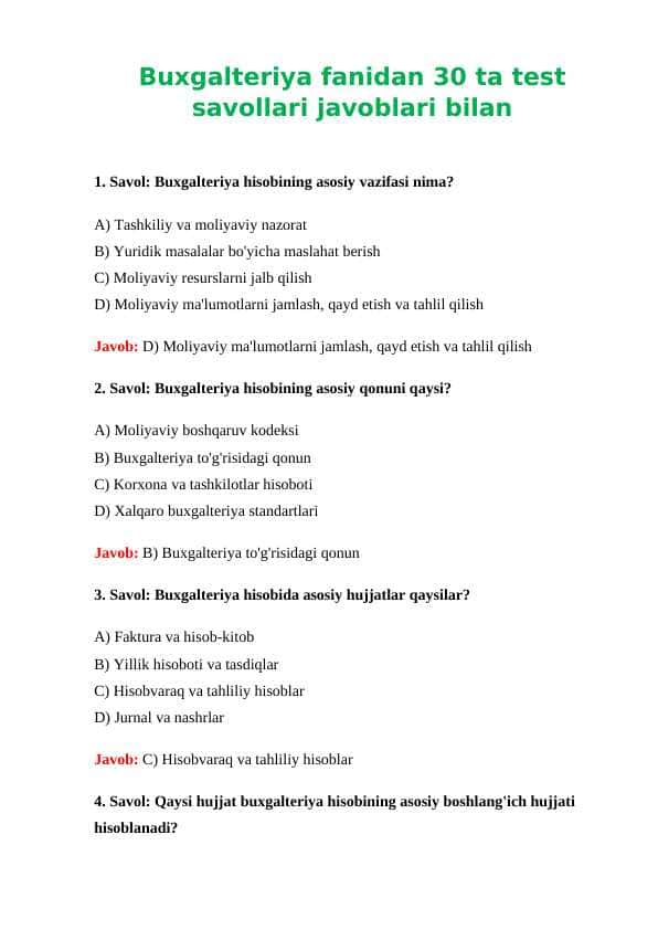 Buxgalteriya fanidan 30 ta test savollari javoblari bilan