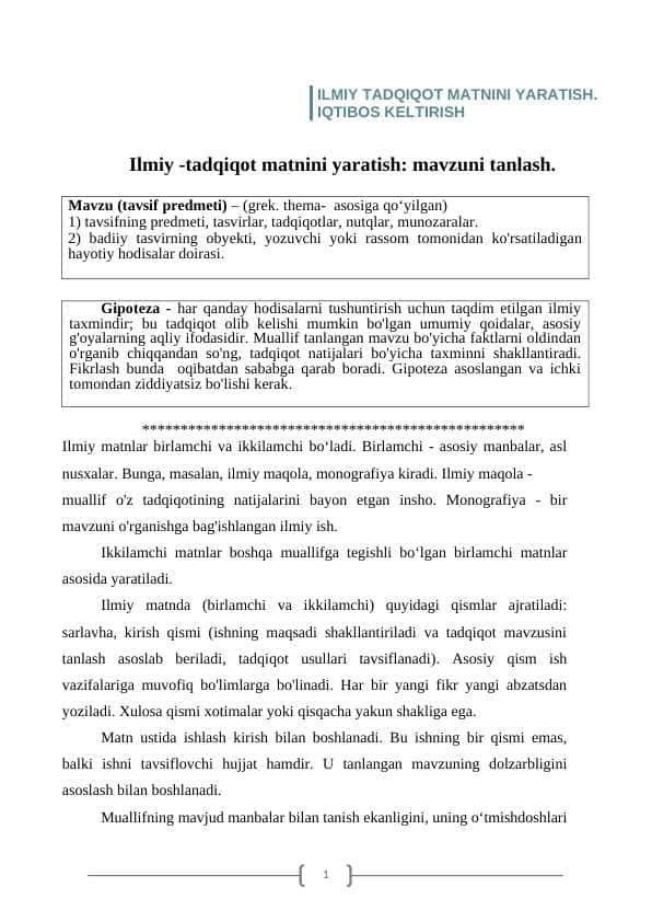 ILMIY TADQIQOT MATNINI YARATISH. IQTIBOS KELTIRISH