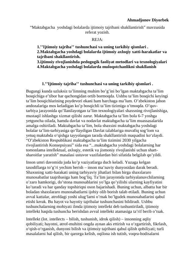 Maktabgacha yoshdagi bolalarda ijtimoiy tajribani shakllantirish