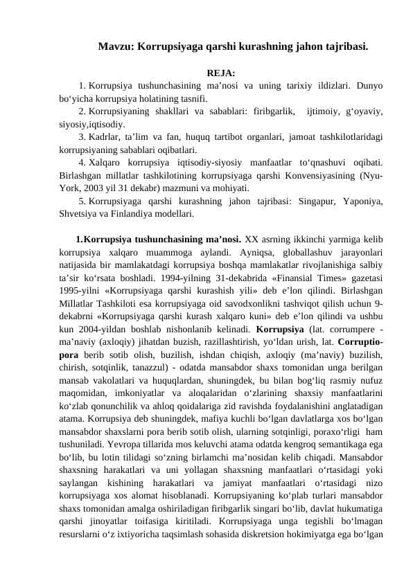 Korrupsiyaga qarshi kurashning jahon tajribasi