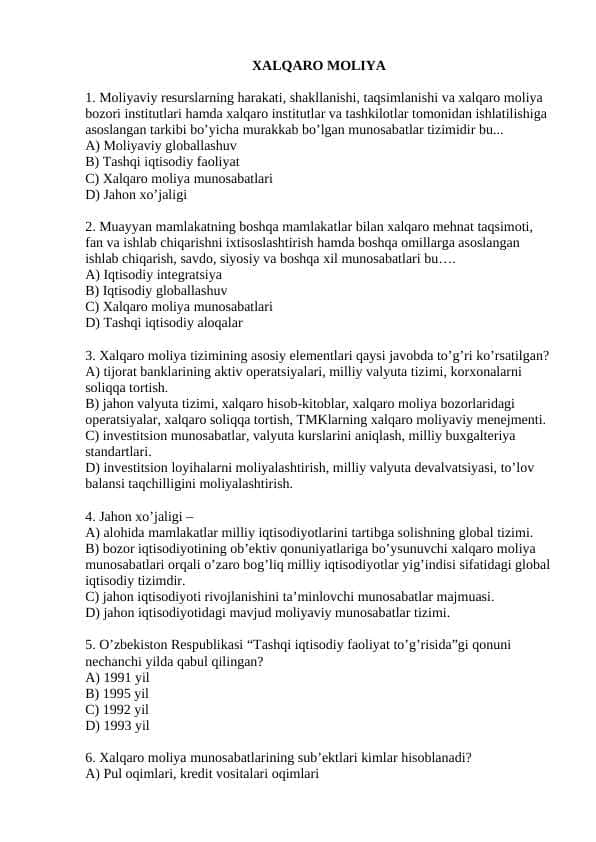 Xalqaro moliya fanidan 500 ta test javobi bilan
