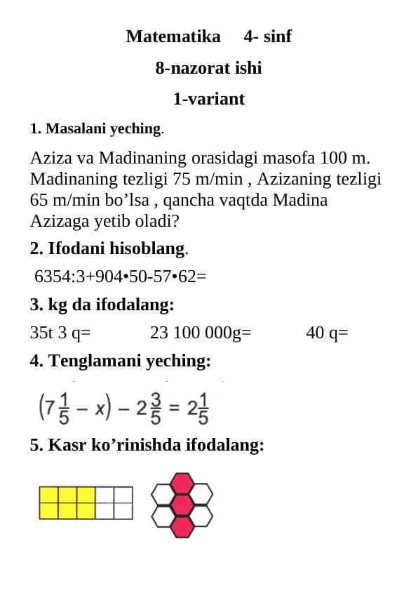 Matematika 8-nazorat ishi 1-2-variantda
