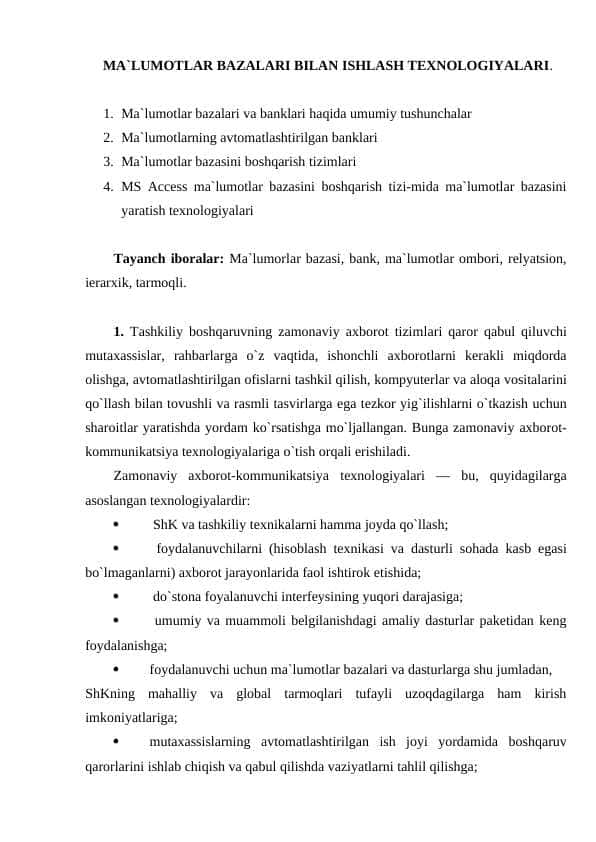 MA`LUMOTLAR BAZALARI BILAN ISHLASH TEXNOLOGIYALARI