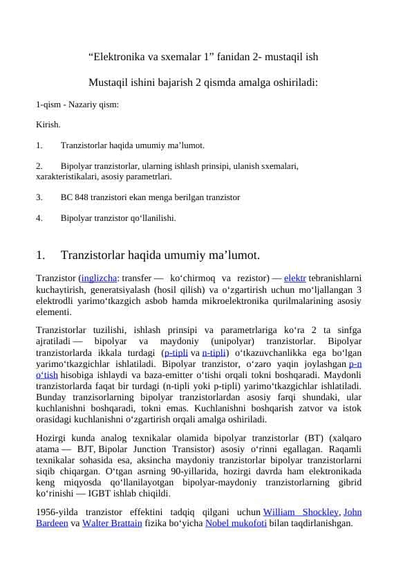 Elektronika va sxemalar 1 Fanidan 2-mustaqil ish. Tranzistorlar. Bipolyar tranzistorlar.
