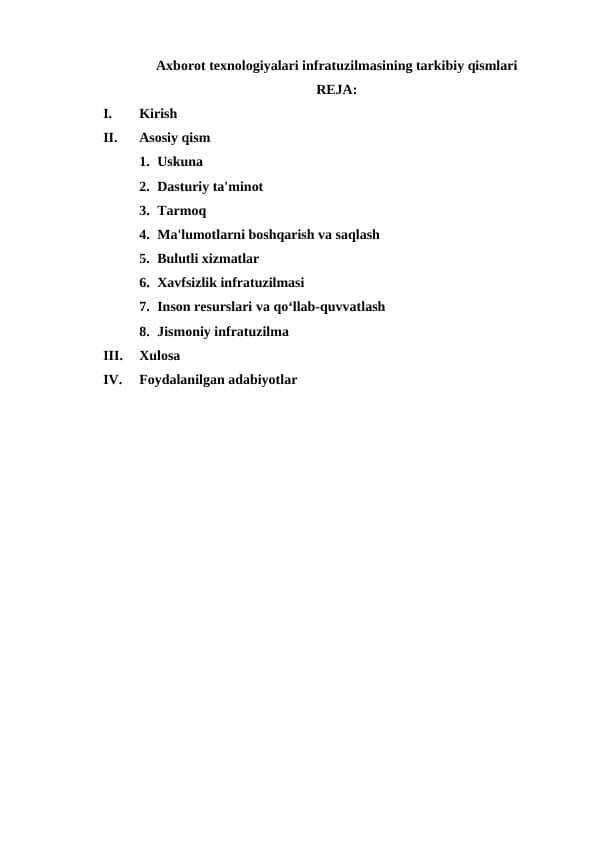 Axborot texnologiyalari infratuzilmasining tarkibiy qismlari
