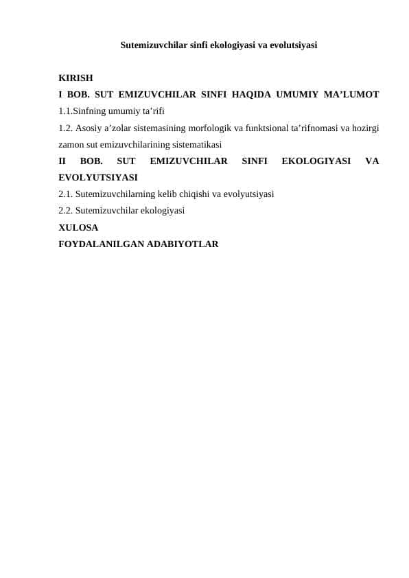 Sutemizuvchilar sinfi ekologiyasi va evolutsiyasi