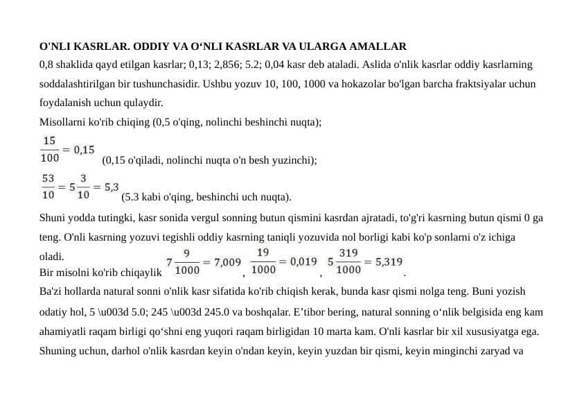 Oddiy kasrlar ustida arifmetik amallarni bajarish algoritmi