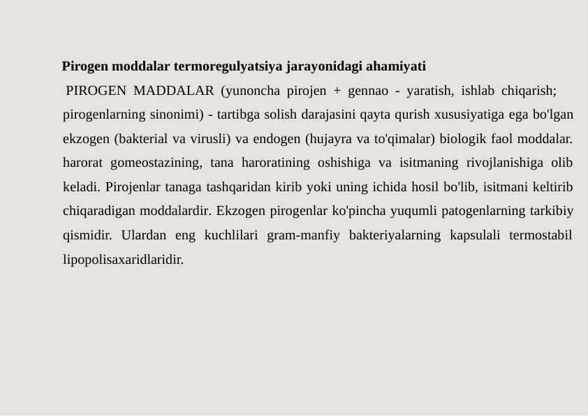 Pirogen moddalar termoregulyatsiya jarayonidagi ahamiyati
