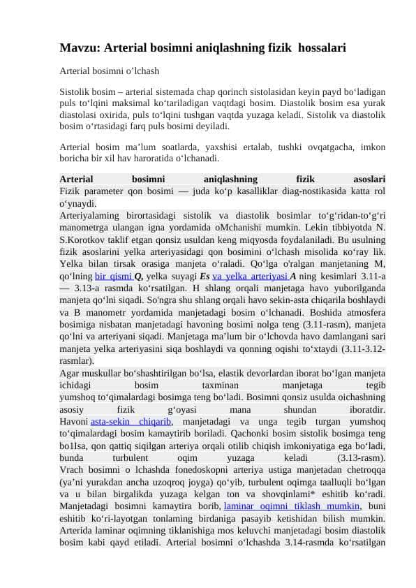 Arterial bosimni aniqlashning fizik hossalari