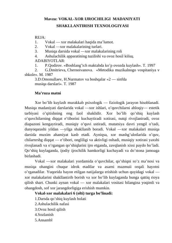 VOKAL-XOR IJROCHILIGI MADANIYATI SHAKLLANTIRISH TЕXNOLOGIYASI
