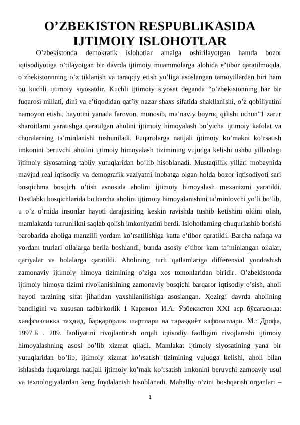 O’ZBEKISTON RESPUBLIKASIDA IJTIMOIY ISLOHOTLAR