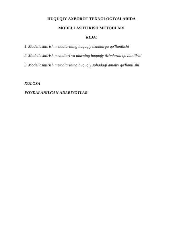 HUQUQIY AXBOROT TEXNOLOGIYALARIDA MODELLASHTIRISH METODLARI