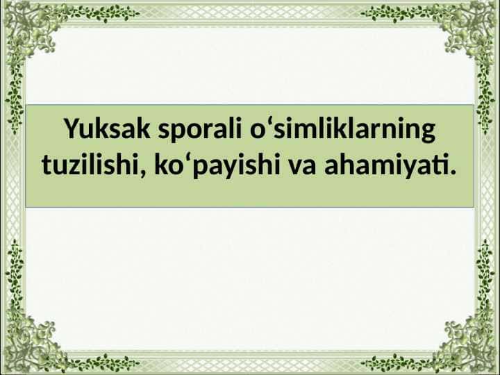 Yuksak sporali o‘simliklarning tuzilishi, ko‘payishi va ahamiyati