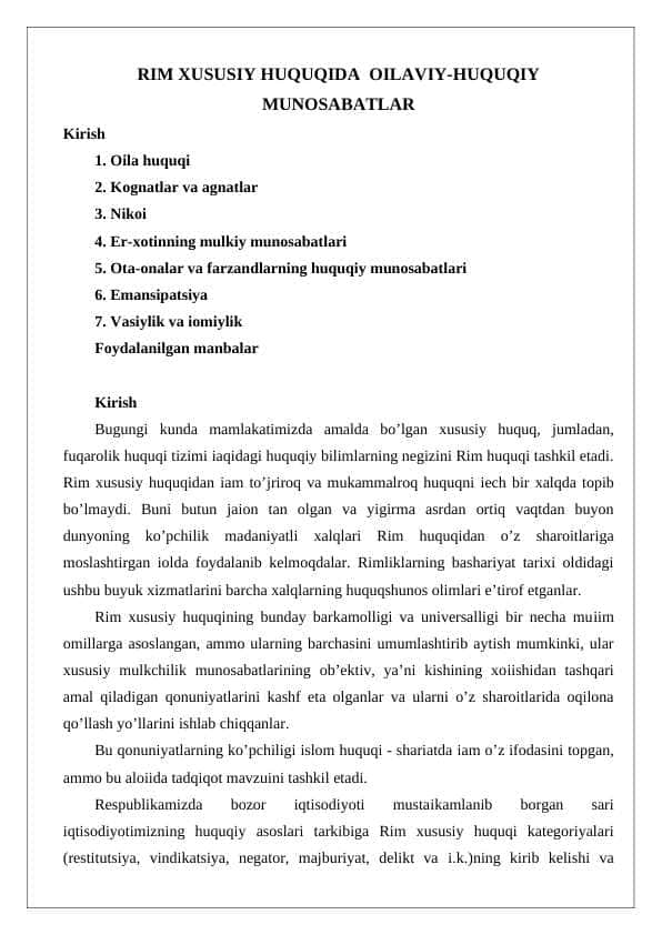 RIM XUSUSIY HUQUQIDA OILAVIY-HuquqIY MUNOSABATLAR