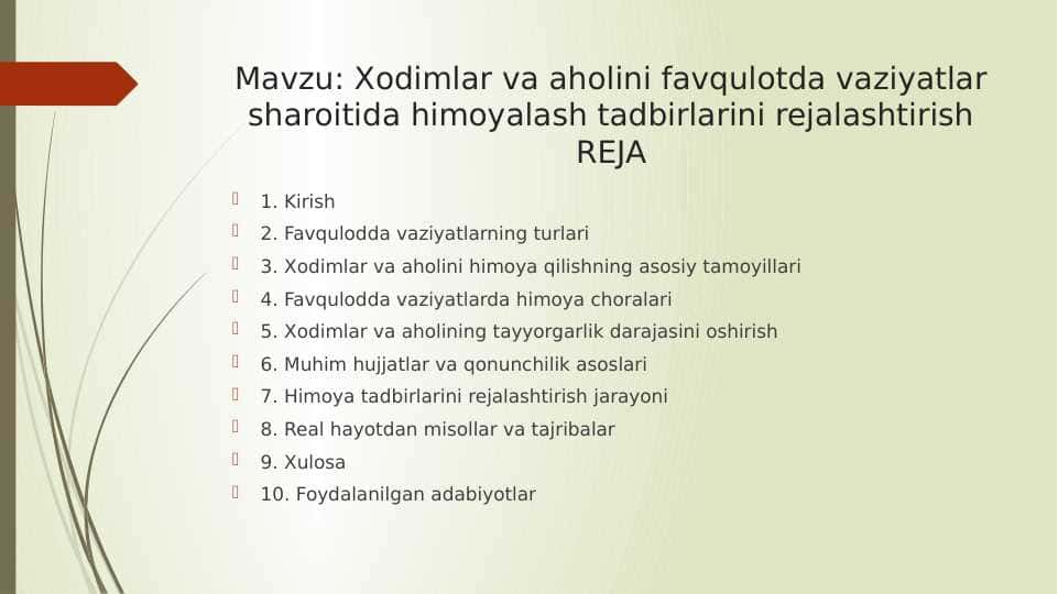 Xodimlar va aholini favqulotda vaziyatlar sharoitida himoyalash tadbirlarini rejalashtirish