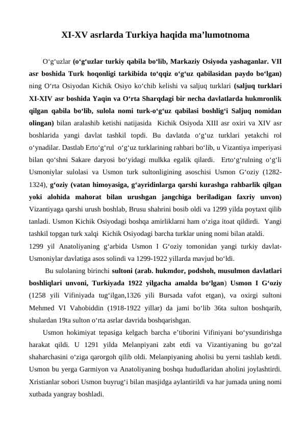 XI-XV asrlarda Turkiya haqida ma’lumotnoma