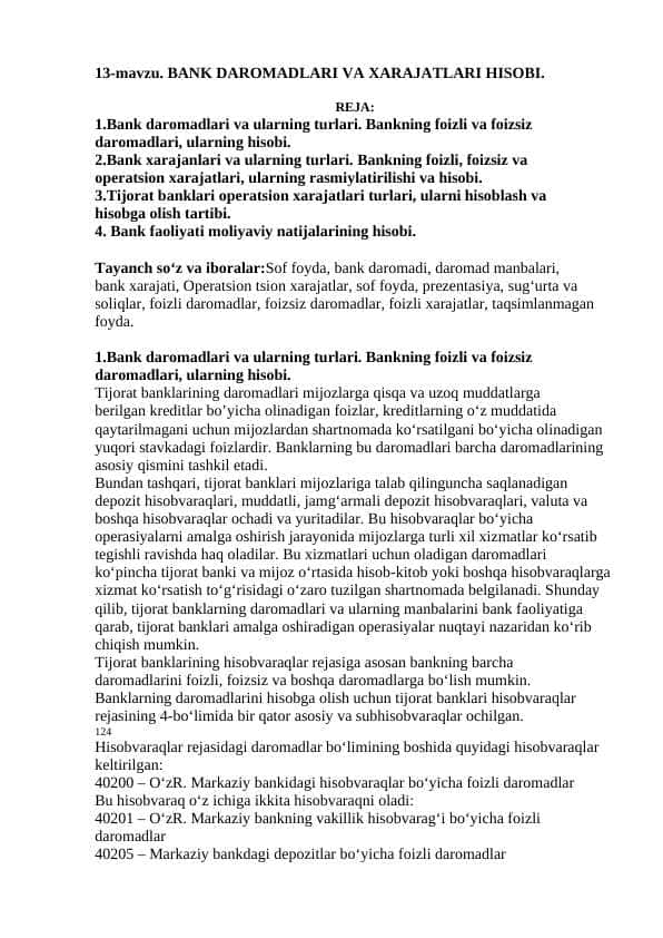 BANK DAROMADLARI VA XARAJATLARI HISOBI.
