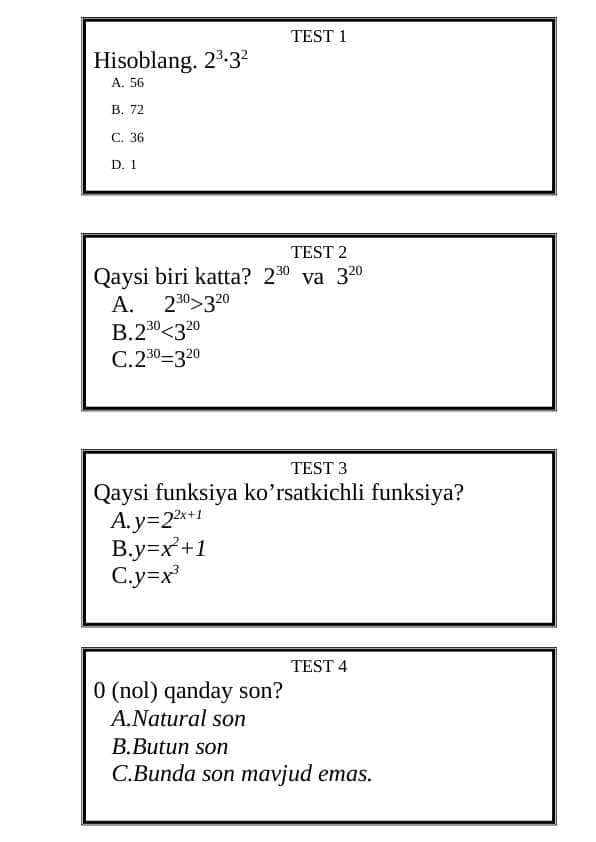 Ko'rsatkichli funksiya test