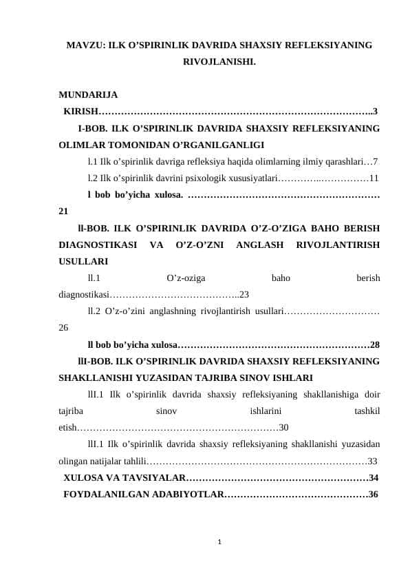 ILK O’SPIRINLIK DAVRIDA SHAXSIY REFLEKSIYANING RIVOJLANISHI - KURS ISHI