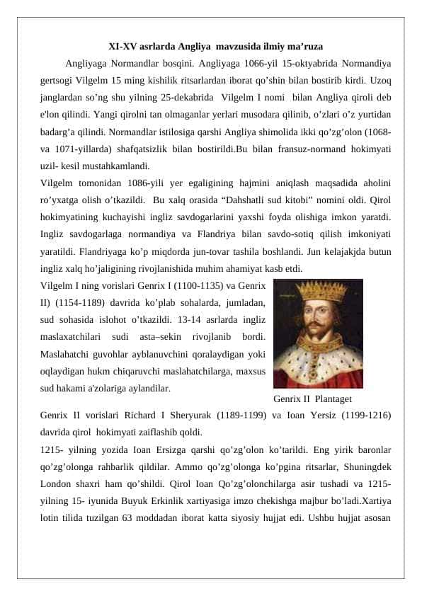 XI-XV asrlarda Angliya” mavzusida ilmiy ma'ruza