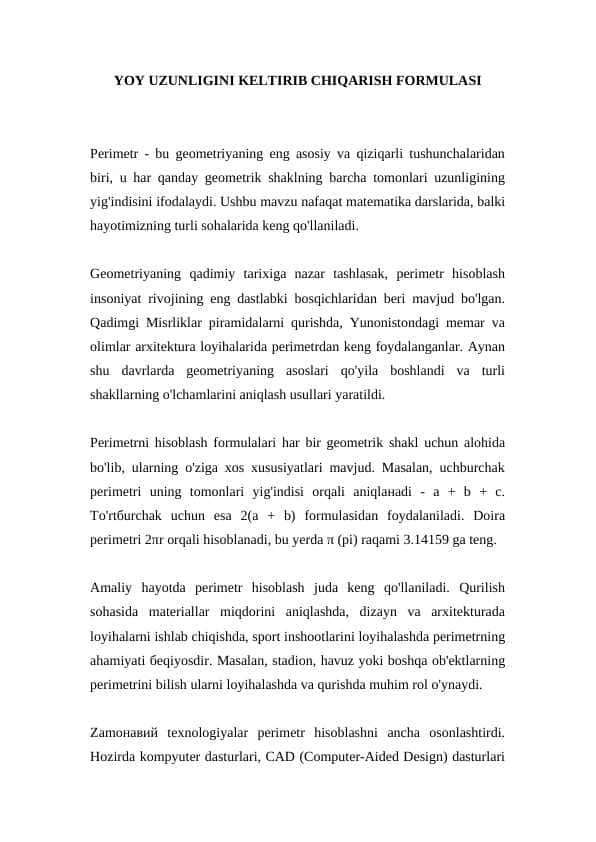 YOY UZUNLIGINI KELTIRIB CHIQARISH FORMULASI