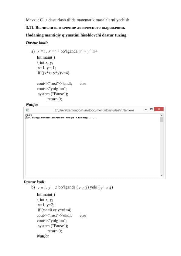 C++ dasturlash tilida matematik masalalarni yechish.