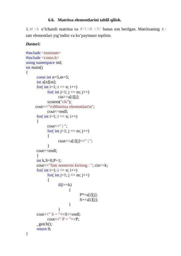 C++da Matritsa elementlarini tahlil qilish.