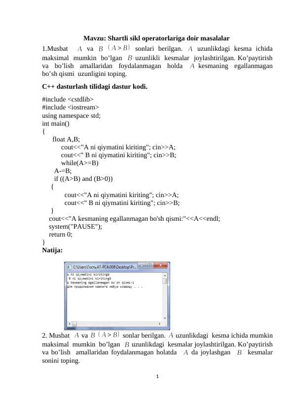 C++da Shartli sikl operatorlariga doir masalalar