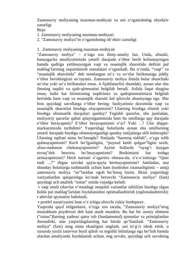 Zamonaviy moliyaning mazmun-mohiyati va uni o‘rganishning obyektiv zarurligi