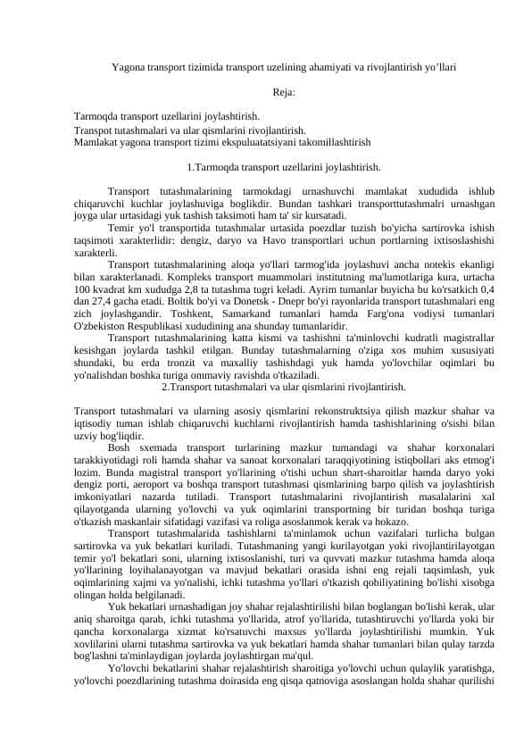 Yagona transport tizimida transport uzelining ahamiyati va rivojlantirish yo’llari