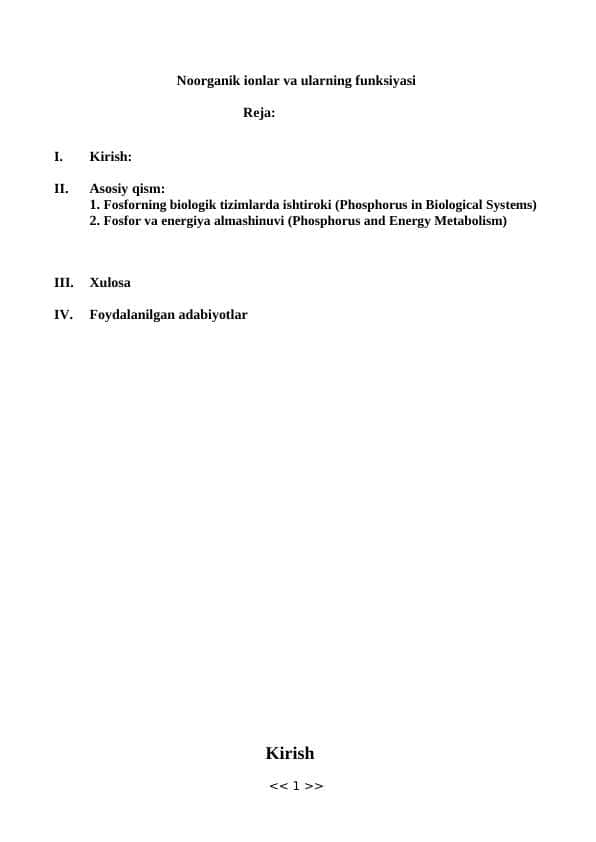 Noorganik ionlar va ularning funksiyasi. (Fosfor)